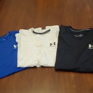 3 Under Armour Men's Compression Shirts; Heatgear; Blue, White, Black